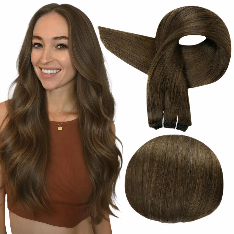 Full Shine Weft Hair Extensions Human Hair 20 Inch Sew In Hair Extensions Real Human Hair Color Medium Brown Straight Human Hair Bundles For Women Invisible Human Hair Weft Sew In 105G